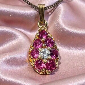 14K Gold- ANTIQUE- Ruby & Early European Cut Diamond Cluster Necklace -18" -2.2g